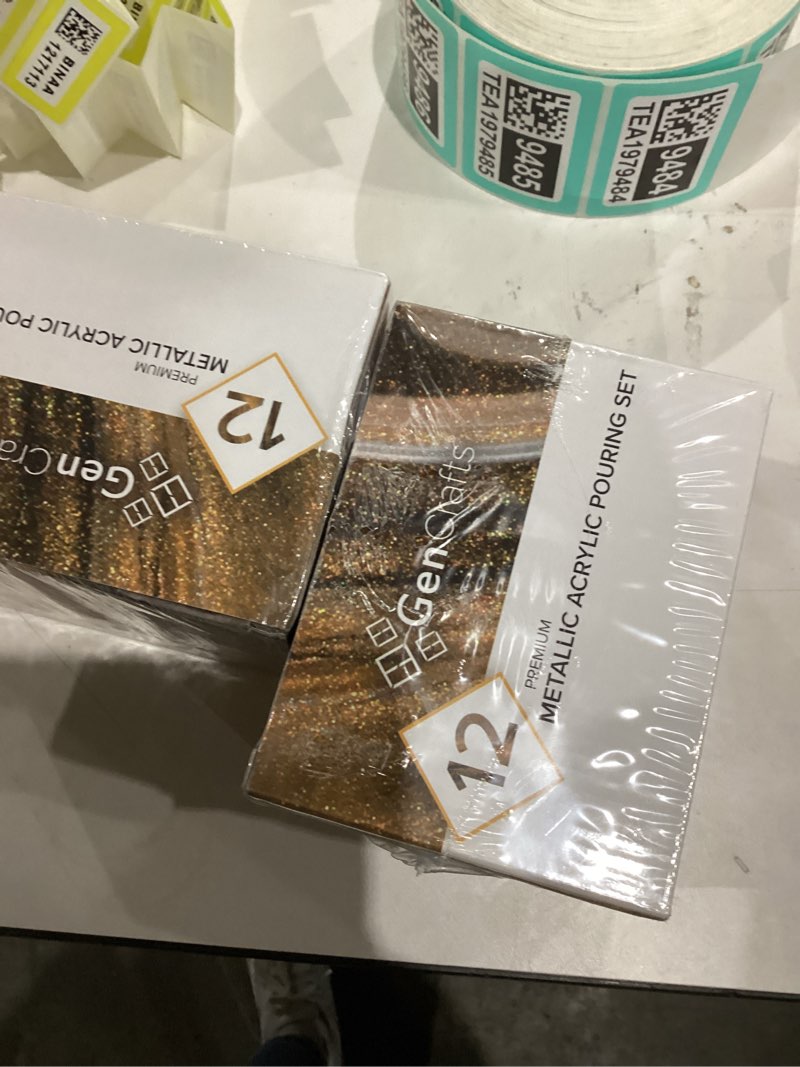 Condition photo showing New/Like New for GenCrafts Metallic Acrylic Pouring Paint 12 Colors Pre-Mixed High Flow & Ready to Pour - 2 oz./60 ml Bottles - Multi-Purpose Paints for Canvas, Paper, Rocks, Wood Metallic 12 x 60ml (2 fl oz)