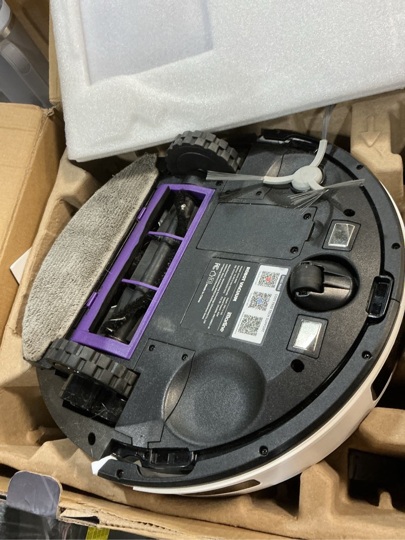 Condition photo showing As Is for robot vacuum and mop combo, robot vacuum cleaner with bagless self emptying station, 18000pa suction, lidar navigation, ideal for pet hair, carpet & hard floor, compatible with app/alexa/voice control