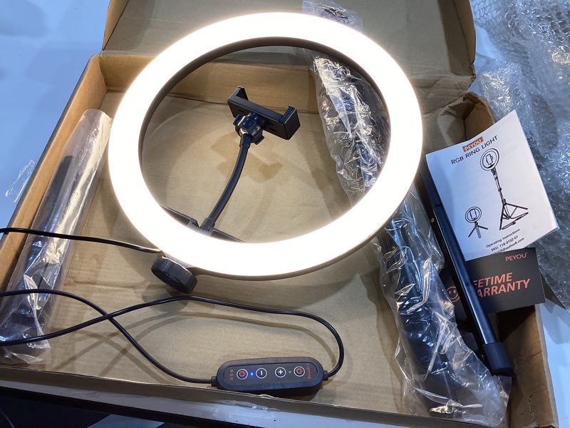 Condition photo showing As Is for 12" selfie ring light with 73" extendable tripod stand: peyou desk selfie lights 38 color modes, upgrade 3 in 1 dimmable adjustable speed ring light for makeup/tik tok/youtube 73 inch