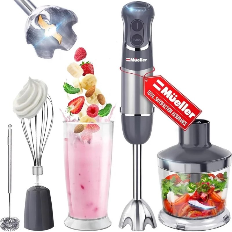Mueller Multistick 5-in-1 Immersion Blender Handheld, 12 Speed Hand Mixer - Turbo Boost, Heaviest Duty Copper Motor, Titanium Blades Hand Blender, Milk Frother Wand, Whisk, Beaker, Chopper, Grey