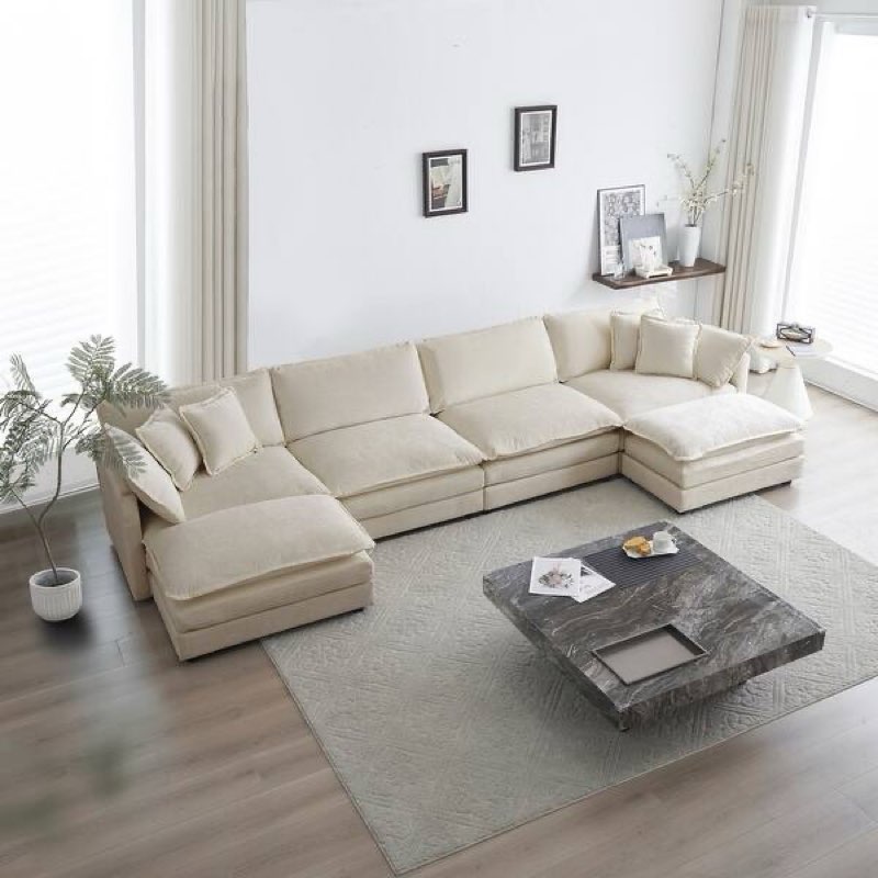 (Incomplete pick up 3 boxes)) Comfort U Shaped Sectional Couch with Reversible Chaise, Double Extra Ottomans, Beige
