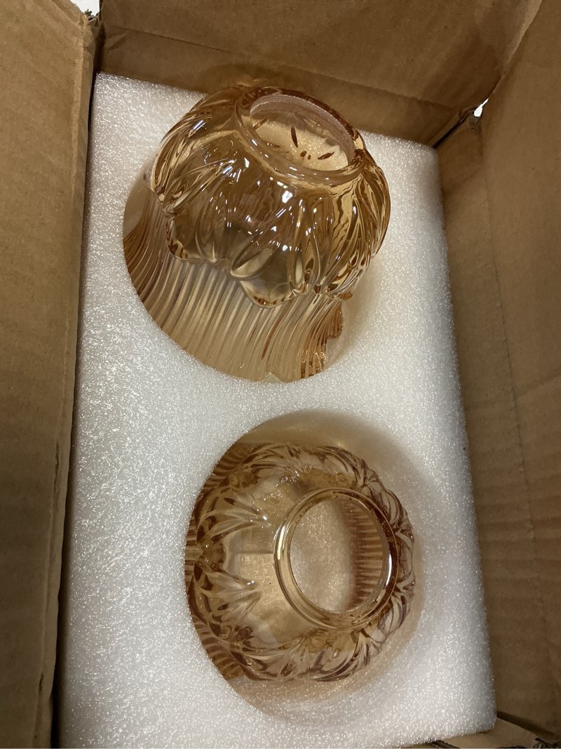 Condition photo showing Good Condition for 2 pcs petal amber glass lampshade, 1.65" fitter opening for e26/e27 socket ring fixture, small flower sconce shade mini lampshade replacement for bedroom living room, 4.92" dia. x 4.33" h amber petal 1.65" fitter opening