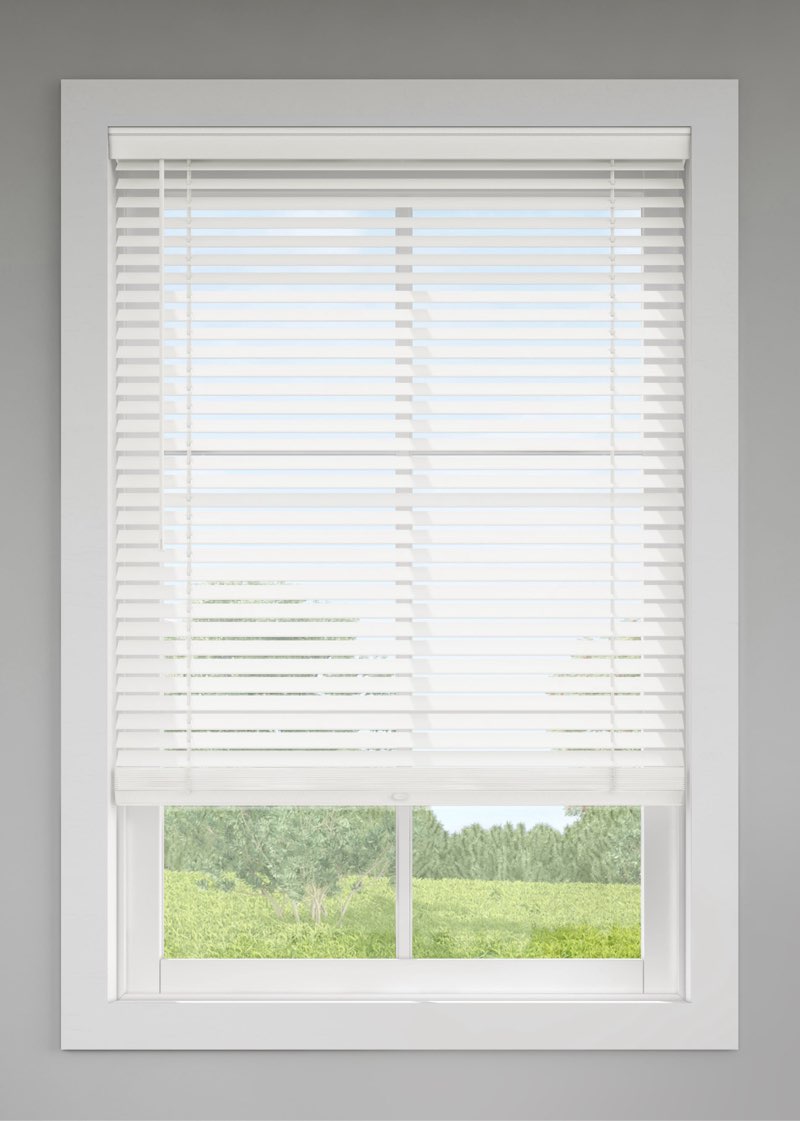 levolor 2-in white faux wood blinds. precut to 48 1/4 x 64. includes hardware