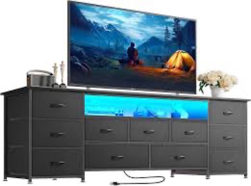huuger 63 inch tv stand for 65, 70 inch tv, 11 drawer long dresser with power outlets and led lights