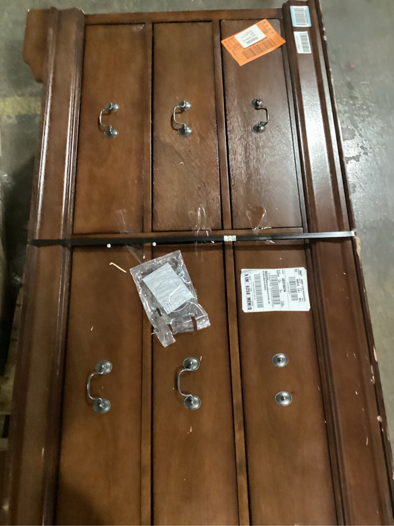 Condition photo showing As Is for WLIVE Wood Dresser for Bedroom with 6 Drawer, 51.97'' Wide, Farmhouse Long Storage Dresser Organizer with Roman Metal Handle, TV Stand for 60 inch TV, Chest of Drawers for Living Room, Hallway, Brown