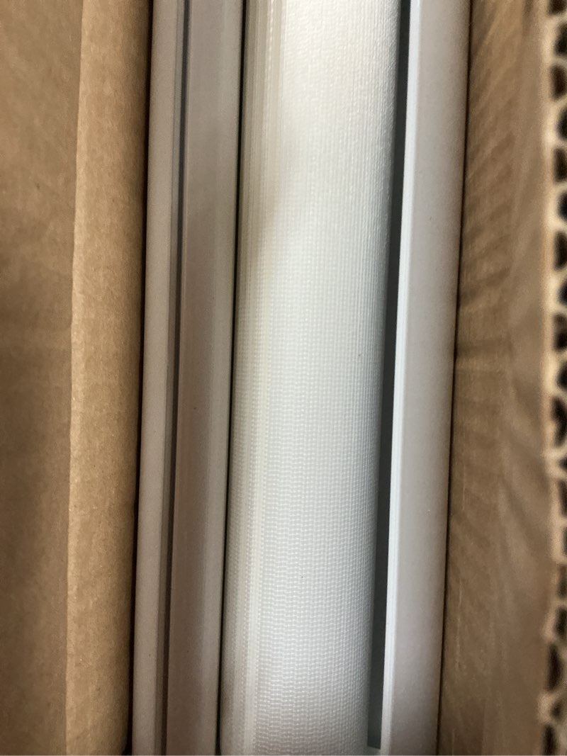 Condition photo showing As Is for Retractable Baby Gate Perma Child Safety 33" Tall x 71” Wide, Mesh, for Stairs, Doorways, Dogs, Pets, Indoor, Outdoor, One-Handed Operation, Locking, Easy Install, Hardware Mount, White White 33" Tall x 71" Wide
