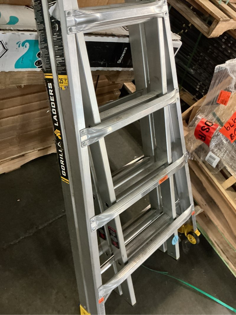 Condition photo showing As Is for 26 ft. reach aluminum multi-position ladder w/ project bucket, tool hangers, 300 lbs. load capacity, type 1a duty rating