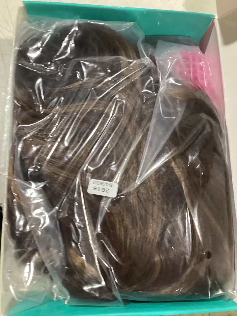 Condition photo showing Good Condition for xixibi ombre brown highlight wigs with bangs,beginner friendly 4x4 realistic scalp layered curly wavy synthetic wigs for women, brown blonde free parting heat resistant wig for daily party use 18inch