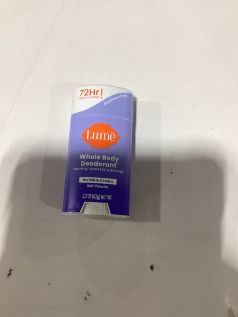 Condition photo showing New/Like New for Lume Whole Body Deodorant - Invisible Cream Stick - 72 Hour Odor Control - Aluminum Free, Baking Soda Free, Skin Safe - 2.2 ounce (Soft Powder)