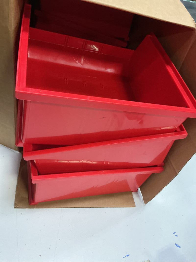 Condition photo showing Good Condition for Akro-Mils 30235 AkroBins Plastic Storage Bins, Space-Saving Stackable Bins for Garage, Pantry, Craft Organization, 11" x 11" x 5", Red, 6-Pack Red Storage Bins Only