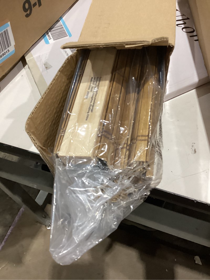 Condition photo showing As Is for unishades no drill cordless bamboo roman shades, light filtering woven natural bamboo window covering, easy install roman style shade, for window size 20" w × 64" h - alternate teak ?wide bamboo strips?alternate teak 20" w × 64" h
