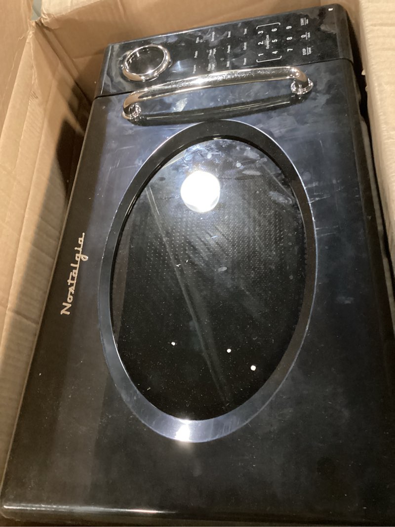 Condition photo showing As Is for Nostalgia Retro 1000W Microwave Oven 1.1 Cu Ft Capacity – Child Safety Lock, 8 Auto-Cook Settings – Countertop Kitchen Appliance – Black Retro 1.1 Cu. Ft. Black