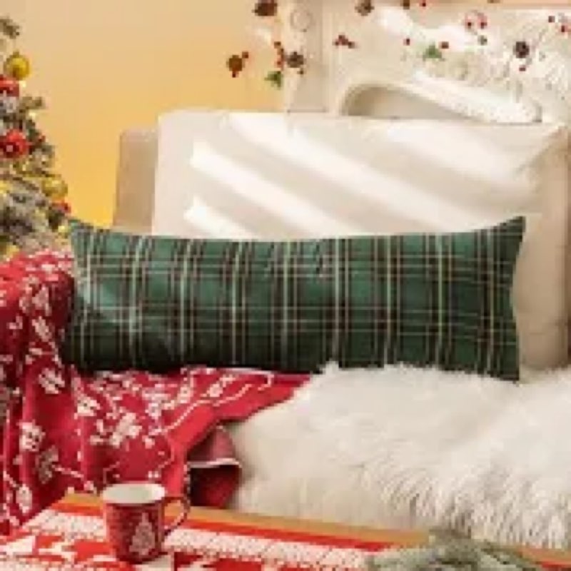 CARRIE HOME 14x36 Long Lumbar Green Christmas Pillow Cover 1 Pack, 14 x 36 Green Scottish Tartan Pla