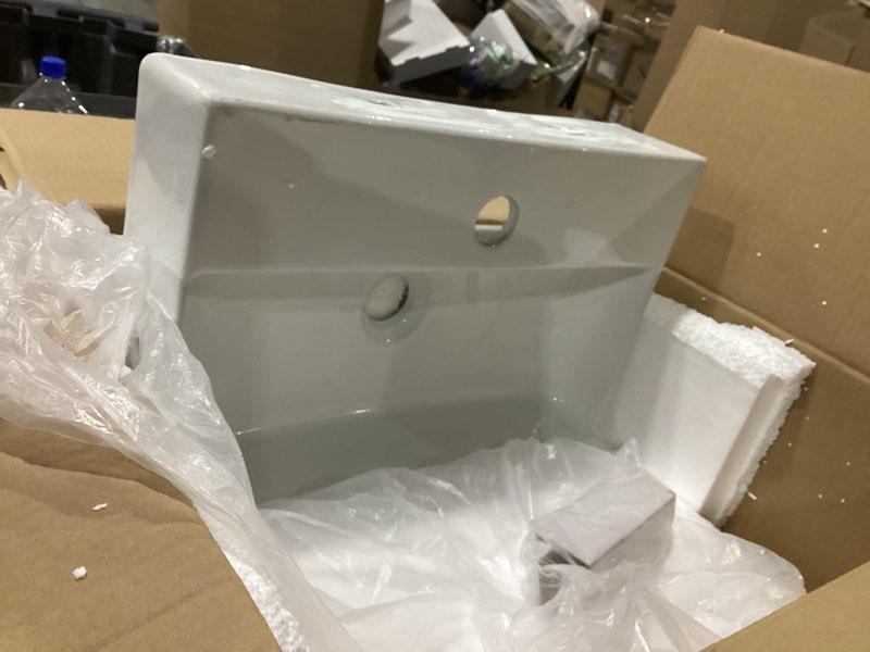 Condition photo showing Good Condition for Wall Mounted Bathroom Vessel Sink, QISHKA 18" X 11" Rectangular Floating Ceramic Wash Hand Basin White Wall Hung Vanity Sink for Bathroom and Cloakroom White 18" x 11" x 4.3"