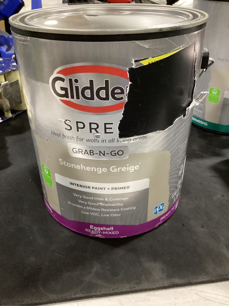 Condition photo showing Good Condition for glidden spred grab-n-go stonehenge greige / gray  eggshell interior paint with primer  1 gallon