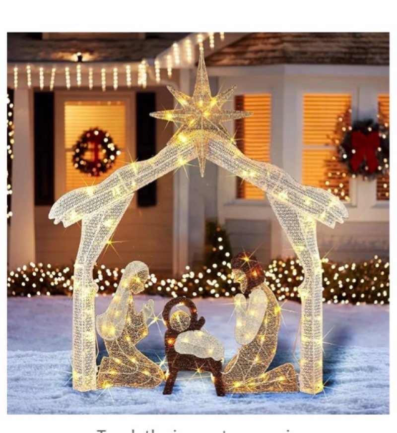 Hourleey 4FT Lighted Christmas Nativity Scene, Christmas Outdoor Decorations with 120 Count Pre-lit Warm White Lights, Holy Family for Xmas Outside Yard Garden Holiday Decor
