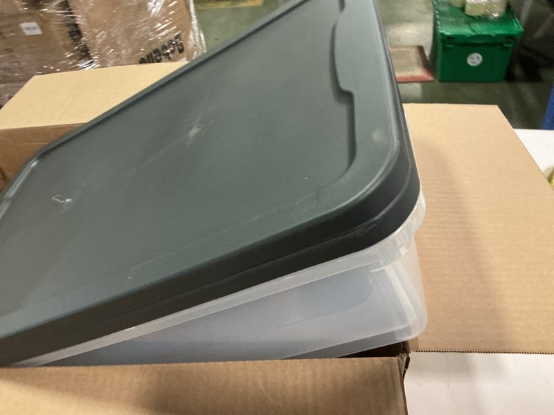 Condition photo showing Good Condition for HOMZ 2-Pack Snaplock, Small Clear Plastic Storage Organizer Bins w/ Lids, 28 Quart, Gray - Stackable Container Boxes for Bedroom, Bathroom, Garage, and Office Organization Gray Lid 28 QT (2 Pack)