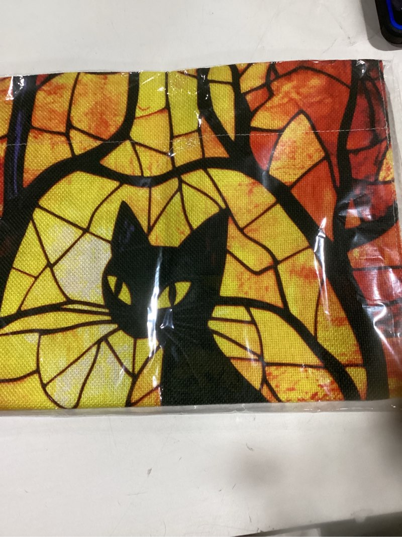 Black Cat Garden Flag 12x18 Inch Double Sided, Burlap Stained Glass Halloween Banner, Outdoor Fall Y