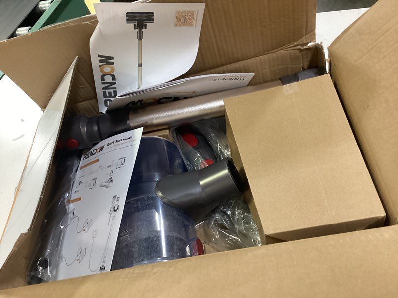 Condition photo showing As Is for RENDOW Cordless Vacuum Cleaner, 550W 45Kpa 65Mins Vacuum Cleaners for Home, Self-Standing Cordless Stick Vacuum with LED Display,Anti-Tangle Rechargeable Wireless Vacuum for Pet Hair/Carpet/Hard Floor Gold S18