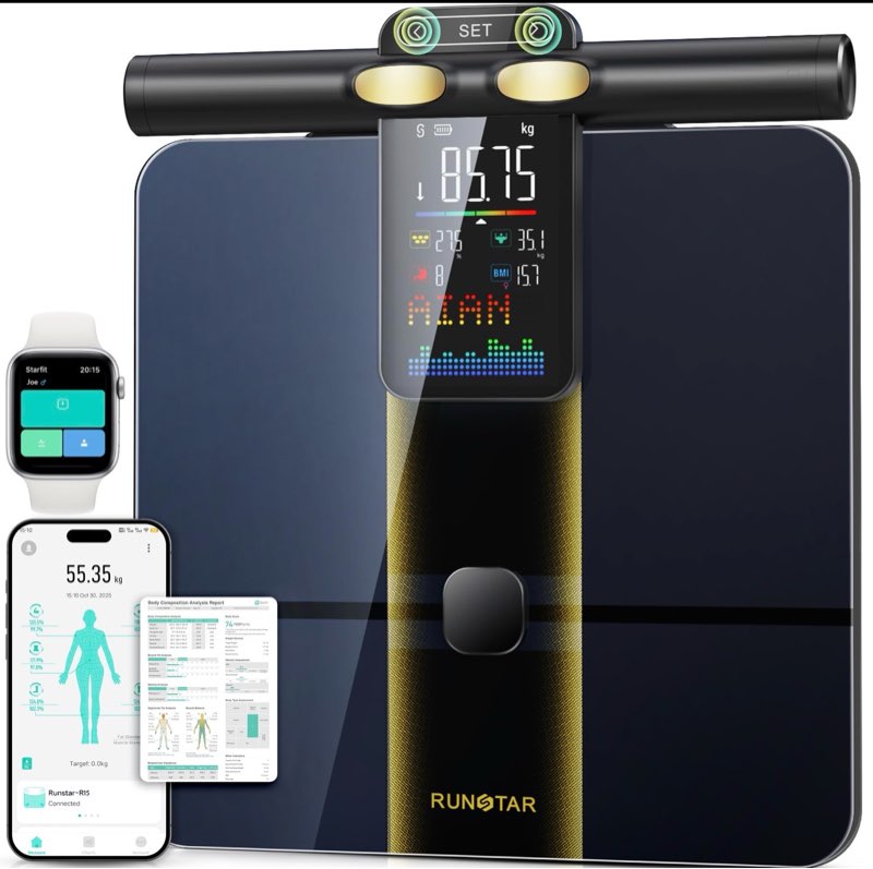 RunStar Smart Scale for Body Weight and Fat Percentage, 8 Electrodes High Precision Body Composition Scale with Set Functions Handle, Body Analyzer Scale Sync App 28 Metrics 400lbs