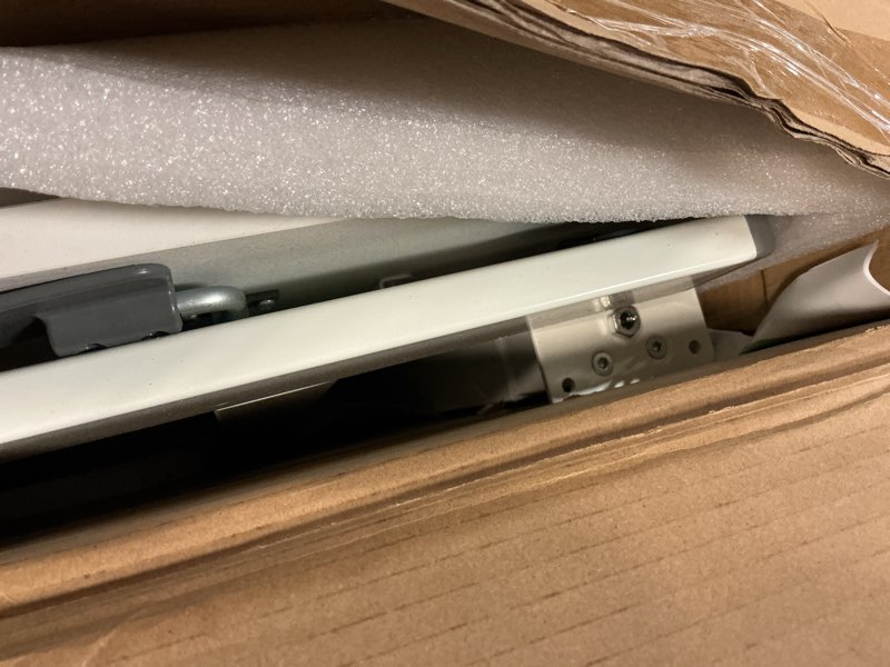 Condition photo showing Good Condition for Mobile Standing Desk, Pneumatic Adjustable Rolling Desk(31.5 Inches), Portable Laptop Desk with Wheels, Overbed Bedside Table Laptop Table for Couch, Home, Office, White White 32"