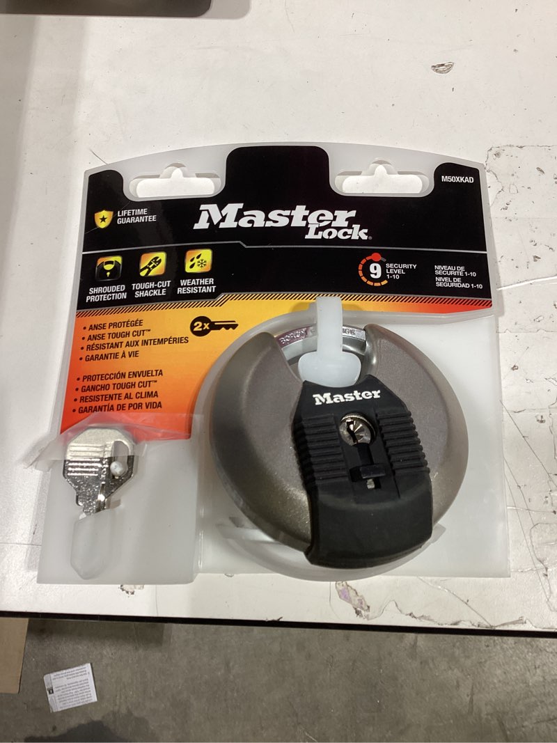 Condition photo showing Good Condition for master lock 1-11/16" h x 1" w x 3-1/8" l steel ball bearing locking shrouded shackle padlock