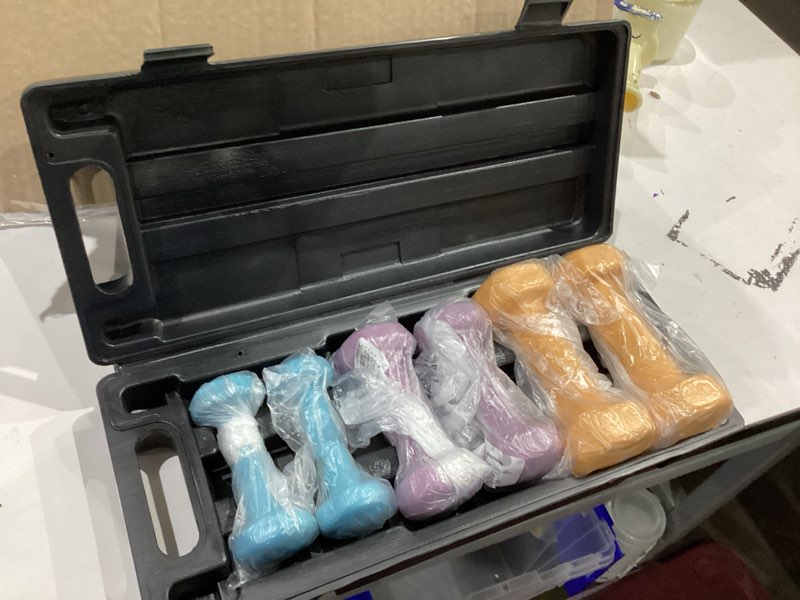 Condition photo showing Good Condition for yes4all neoprene coated dumbbell hand weight sets - multiple weight options with rack, anti-roll, anti-slip, hexagon shape d. set with case 1-2-4lb pair