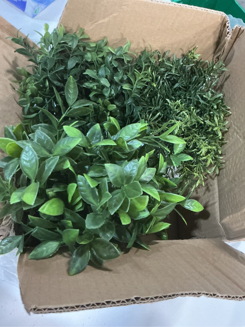Condition photo showing Good Condition for winlyn 3 pcs faux potted plants set - artificial eucalyptus, rosemary, boxwood greenery in small white geometric planters for indoor outdoor desk table centerpiece shelf windowsill home office decor
