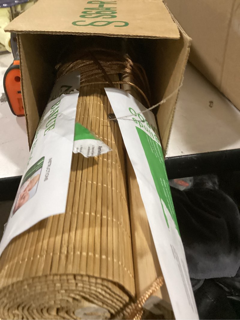 Condition photo showing As Is for bamboo blinds for interior windows, easy to install bamboo shades for indoor windows, custom roller shades for indoor window and outdoor patio, 23" w x 48" h bamboo carbonized color 23"w x 48"h