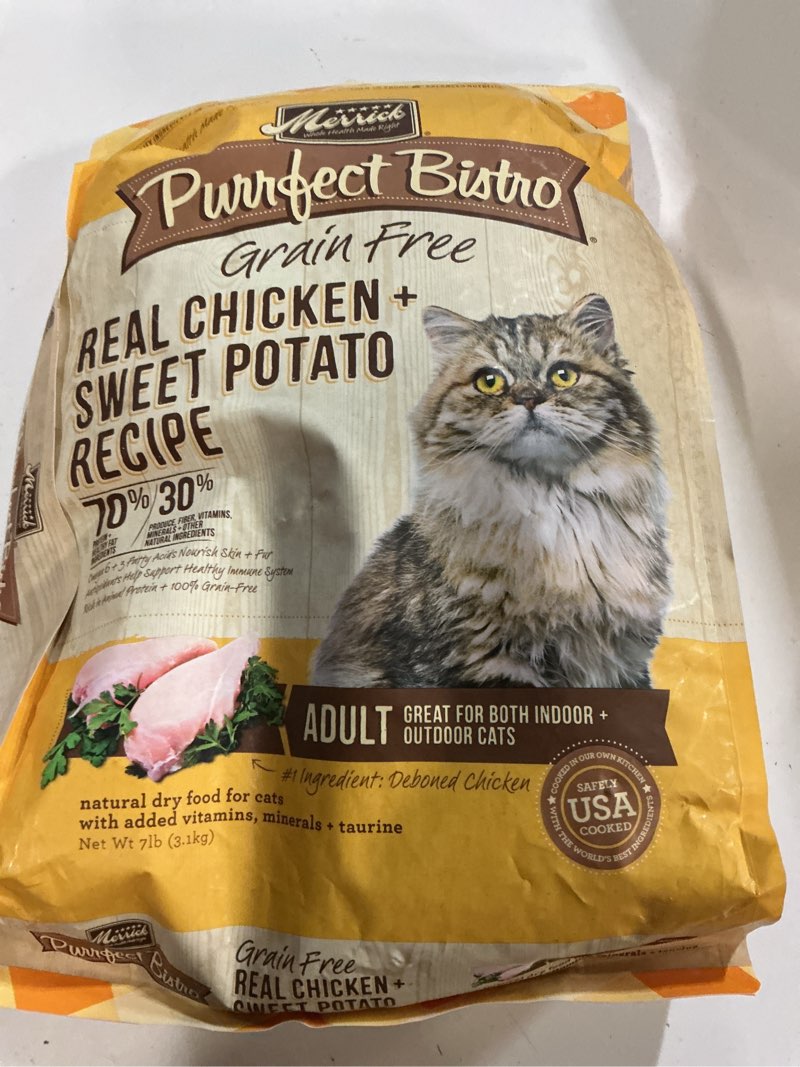 Condition photo showing New/Like New for ((BEST BEFORE JUN/2027))Merrick Purrfect Bistro Grain Free Natural Dry Cat Food For Adult Cats, Real Chicken And Sweet Potato Recipe - 7 lb. Bag 7 Pound (Pack of 1)