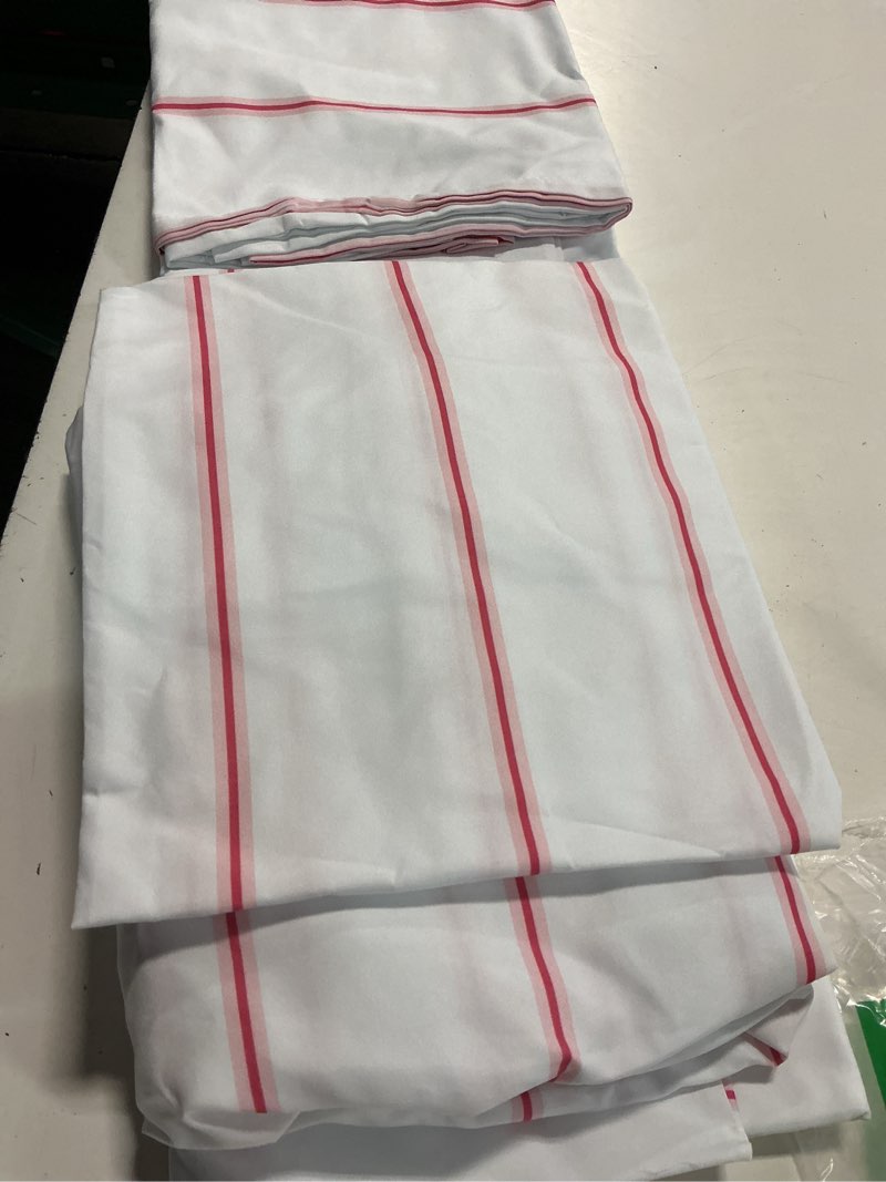 Condition photo showing New/Like New for striped sheets - red & white striped sheets - 1 flat & 1 fitted & 1 pillowcase w/ deep pockets – wrinkle & fade resistant - soft, breathable and cooling – luxury pinstripe bedding - twin size bed set 21 - red stripe twin