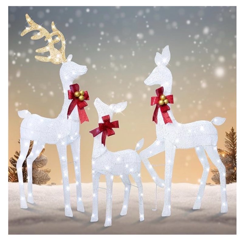 Large Reindeer Decorations Outdoor, 3-Piece Light Up 3D Reindeer Outdoor Christmas Decorations, White Christmas Deer Family Set with 210 LED Lights