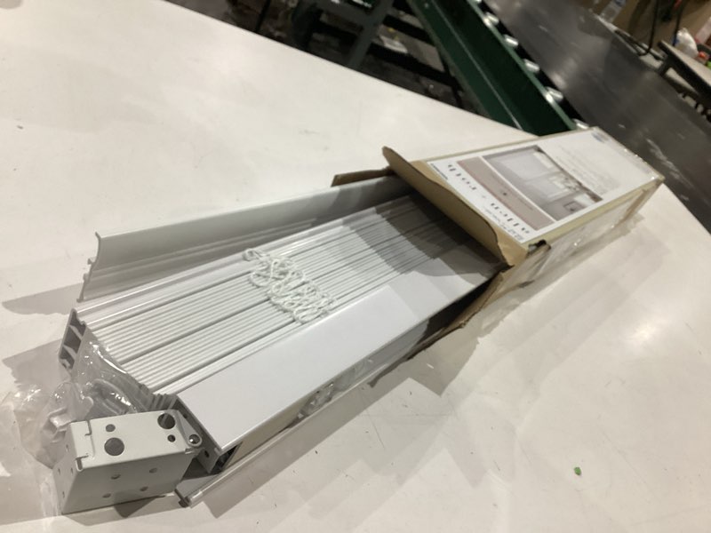 Condition photo showing As Is for  allen + roth trim at home 2-in slat width 23-in x 42-in cordless white faux wood room darkenin