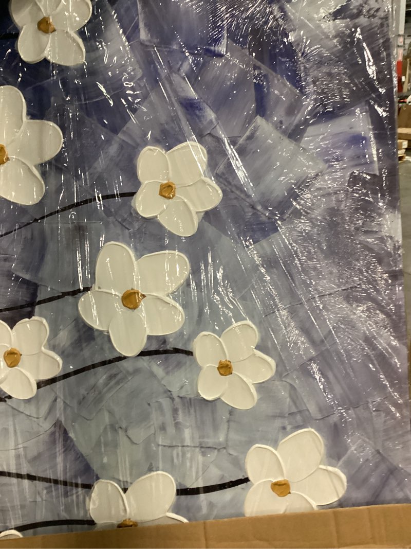 Condition photo showing Good Condition for YHSKY ARTS Floral Canvas Wall Art Hand Painted Blue and White Heavy Textured Painting Modern Abstract Flower Pictures Contemporary Artwork for Living Room Bedroom Office Decoration