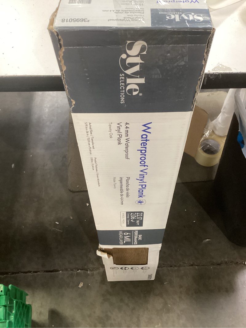 Condition photo showing New/Like New for style selections brown 6-in wide x 4-2/5-mm thick waterproof interlocking luxury vinyl plank flooring (22.17-sq ft)