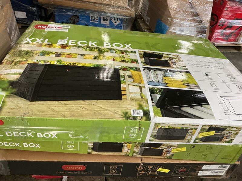 Condition photo showing Good Condition for keter java xxl 230 gallon resin rattan look large outdoor storage deck box for patio furniture cushions, pool toys, and garden tools, dark grey