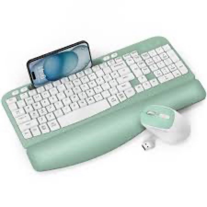 Wireless Keyboard and Mouse Combo, Wave Keys Full-Sized Ergonomic Keyboard with Cushioned Plam Rest,