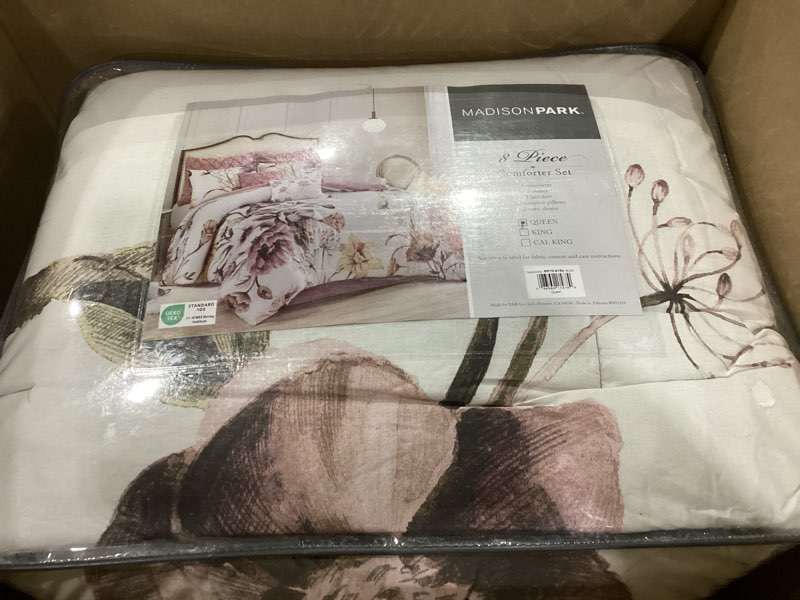 Condition photo showing New/Like New for Madison Park Floral Queen Comforter Set, Cotton Rich Bedding Set Feminine Design Shabby Chic Queen Size Comforter Sets, All Season Bed Cover with Shams, Bed Skirt, Décor Pillow, Blush 8 Piece Queen Cassandra Blush