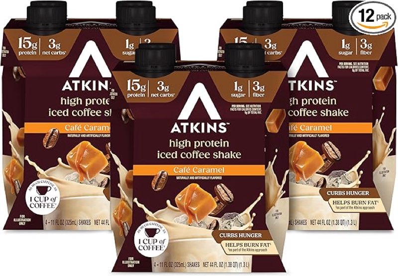 atkins café caramel iced coffee flavored protein shake, high protein shake, low glycemic, low carb and low sugar, keto friendly, gluten free, 12 count
