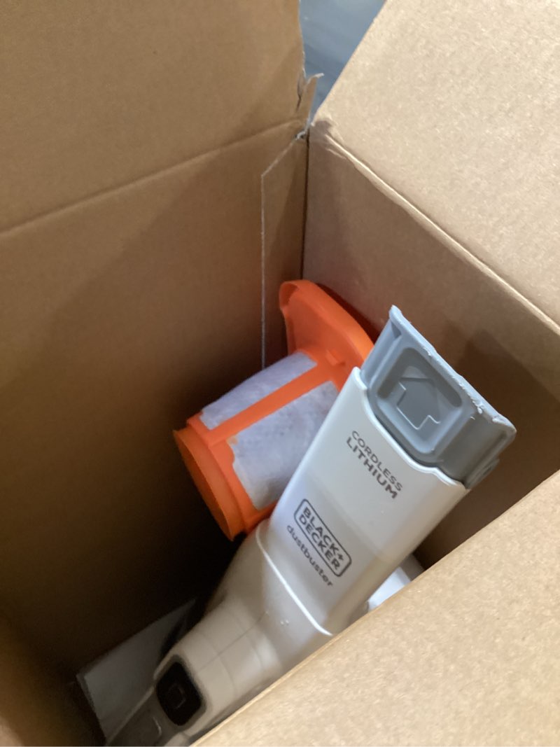 Condition photo showing As Is for BLACK+DECKER Dust Buster Hand Held Vacuum Cordless Rechargeable, Portable Vacuum for Car, Extended Runtime, Powerful Suction, Extra Long Crevice Tool, AdvancedClean+ (HHVK320J10) 12V White