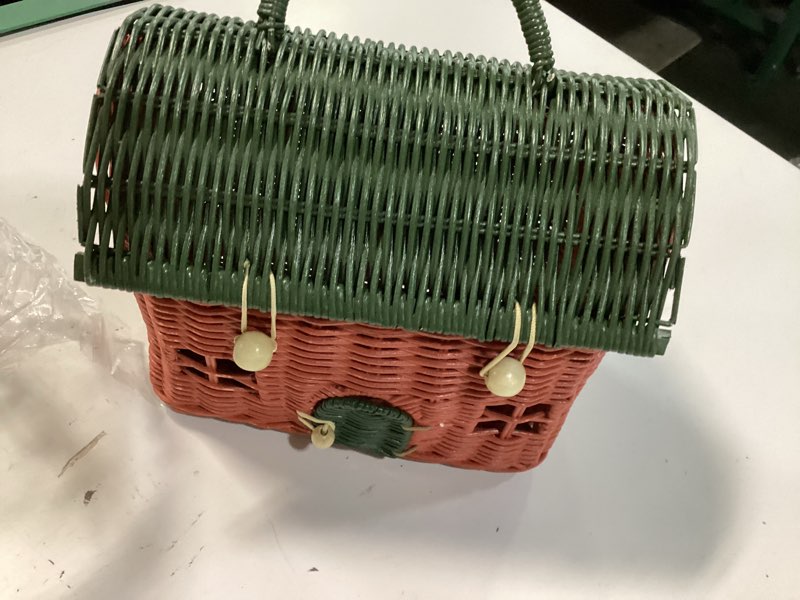 Condition photo showing Good Condition for kolwoven rattan storage basket with lid - mouse in a box - small doll house - decorative hand woven shelf organizer - cute handmade handcrafted gift decoration artwork wicker (moss green)