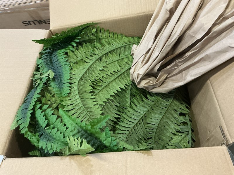 Condition photo showing Good Condition for artificial boston fern bush- 2 packs large artificial ferns for outdoors & indoors, 45inch large faux ferns with 88 fronds, suitable for office & living room decor, garden porch decor 88- 2 packs