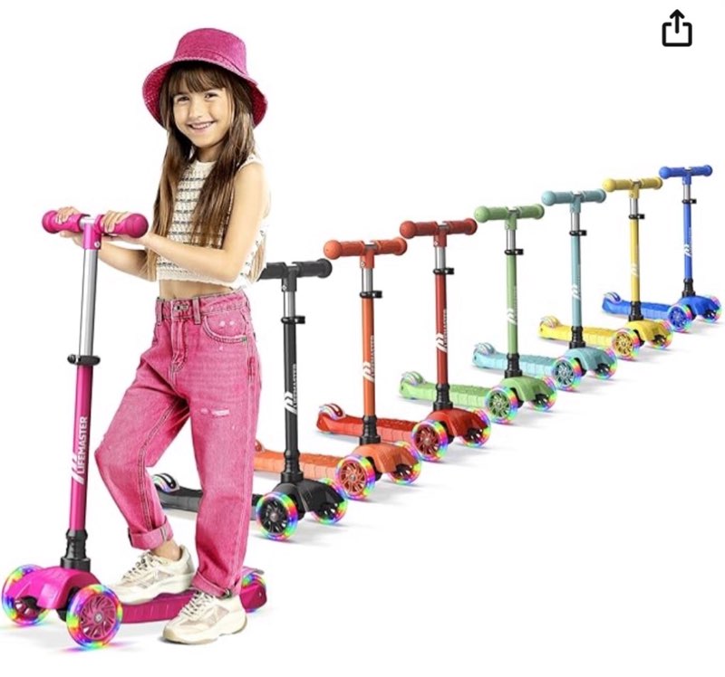  lifemaster mini 3-wheel kids scooter with multi-color wheel lights – 4-height adjustable handlebar, wide anti-slip deck, child safety certified, boys & girls ages 2+ supports up to 110 lbs