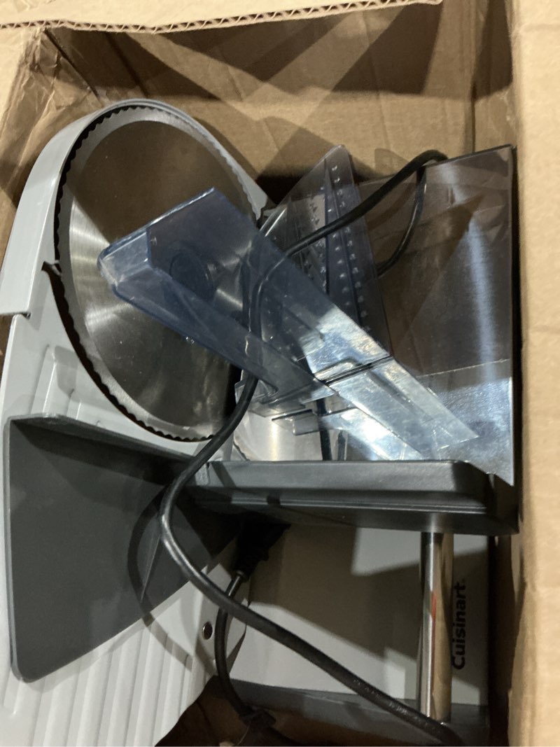 Condition photo showing As Is for cuisinart kitchen pro food slicer, meat slicer with slice control knob adjusts from 1/32" to 1/2" to slice bread, roasts, and firm cheeses, removable 7.5" stainless steel cutting blade, fs-75, gray
