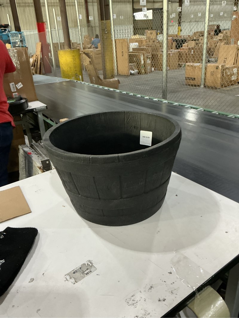 Condition photo showing New/Like New for ARBORA 19" Whiskey Barrel Polyresin Indoor and Outdoor Planter with Textured Wood Finish - Durable, Weatherproof, Lightweight, Large Plant Pot for Patio, Garden, Deck, Entryway