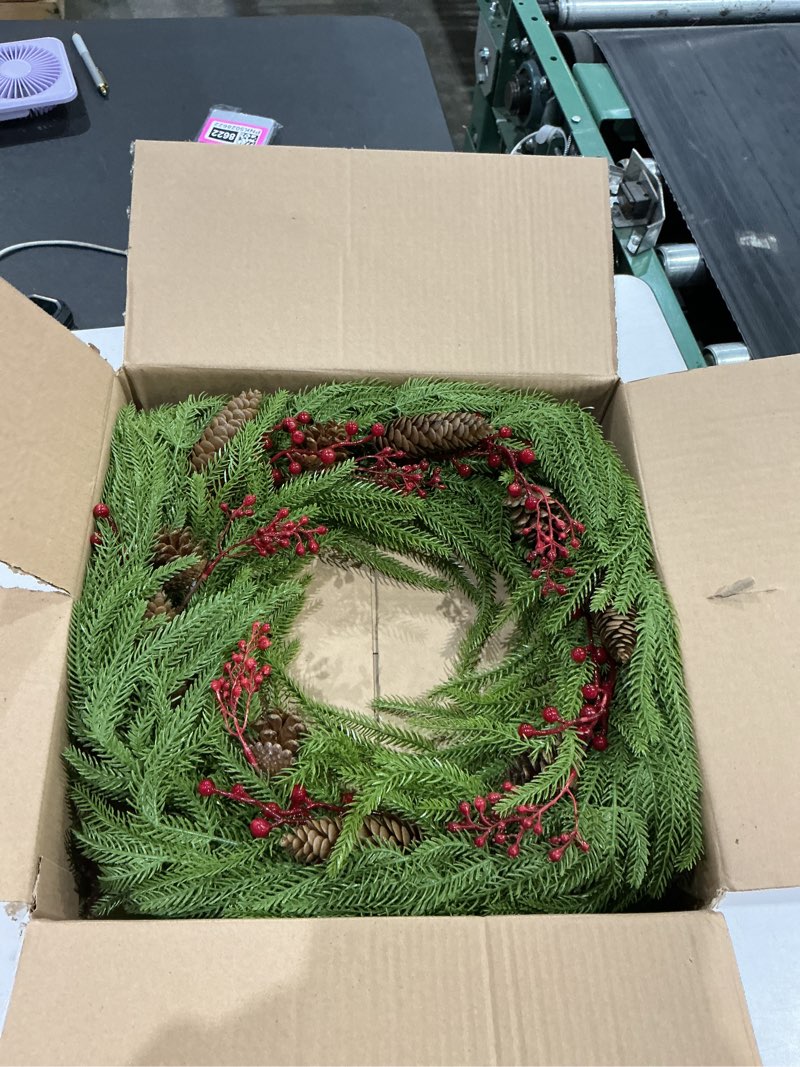 Condition photo showing New/Like New for 24 inch christmas norfolk pine wreath for front door artificial christmas wreath with pinecones red berries hanging loop green fake wreaths for wall window porch indoor outdoor xmas décor