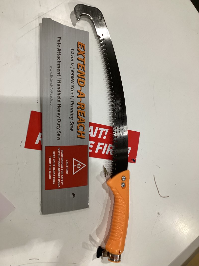 Condition photo showing New/Like New for pruning manual hand saw // hand held or with extension manual pole saw for tree trimming // fits all extension poles with standard us acme thread // tree limb hand saw (pole sold separately)