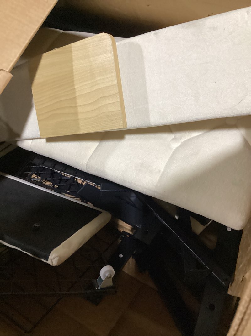 Condition photo showing As Is for somewhat similar velvet bed frame upholstered platform bed tufted design, easy assembly, beige