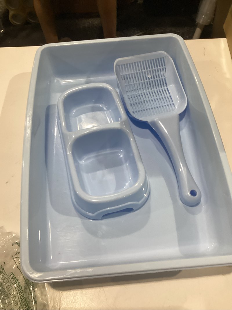 Condition photo showing As Is for incomplete pawise cat litter box set, small cat kitten starter kit, includes cats toilet kitten litter pan with litter scoop, double dish cat bowl, kittens mouse and ball toy blue