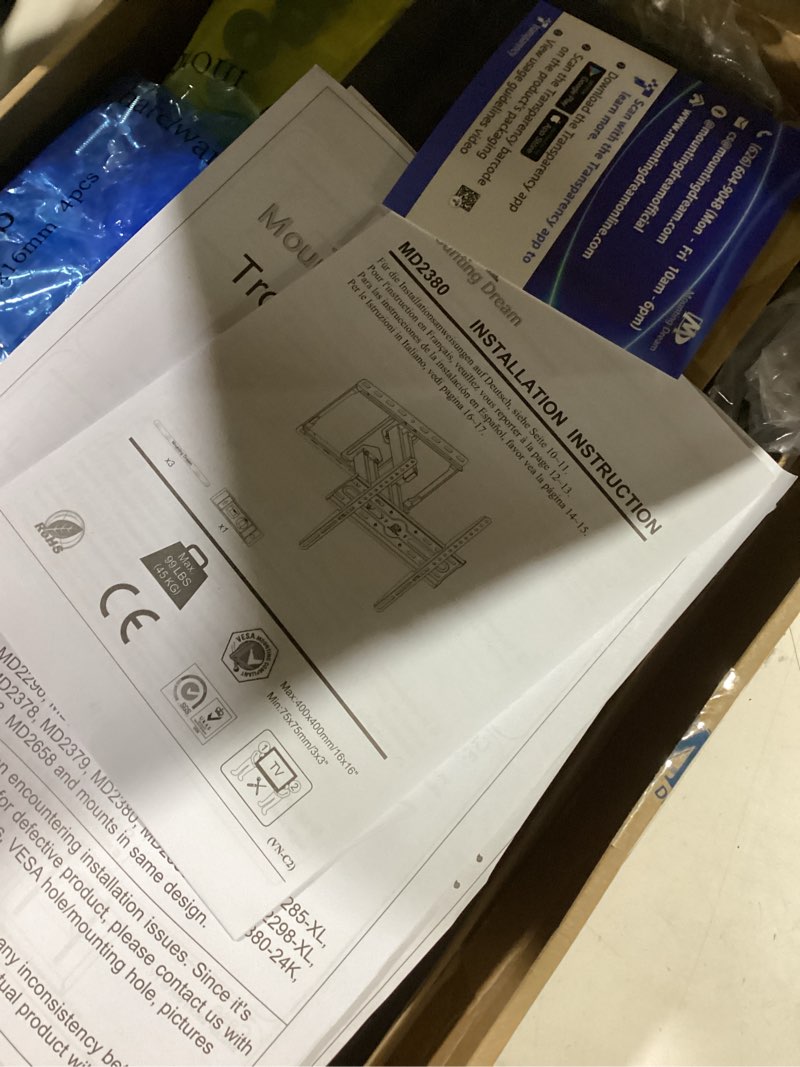 Condition photo showing Good Condition for mounting dream tv wall mount for 32-65 inch television,mount with swivel and tilt, full motion bracket with articulating dual arms, fits 16inch studs, max vesa 400x400 mm, 99lbs, md2380 for 32" to 65" tvs, 16" studs